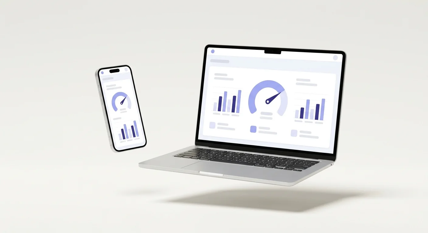 Light-mode laptop and smartphone showing the Promptproof analytics dashboard