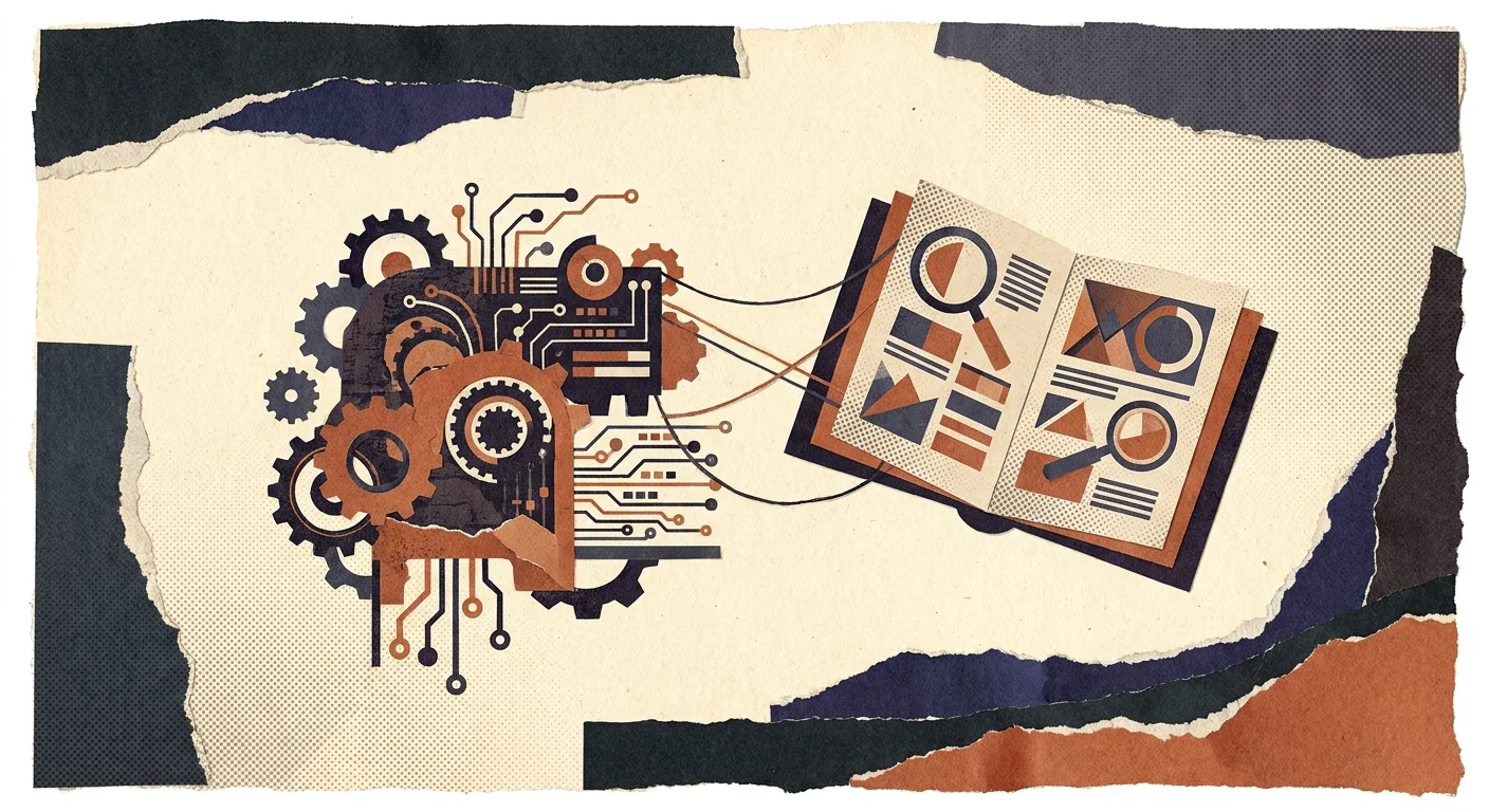 Editorial paper collage of an AI engine reading and citing a webpage.