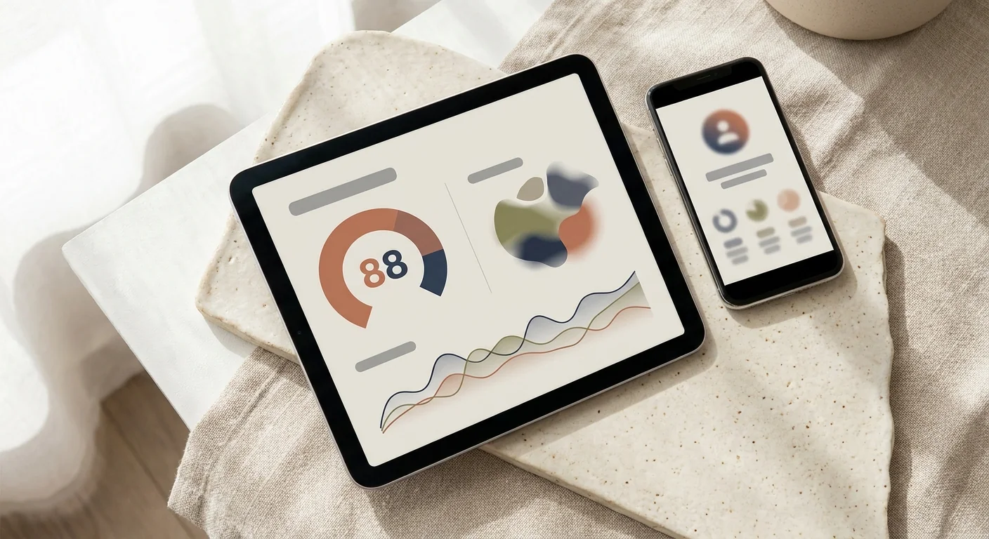 Tablet and smartphone showing a muted AI-readability analysis UI with an 88 score dial and minimal charts.