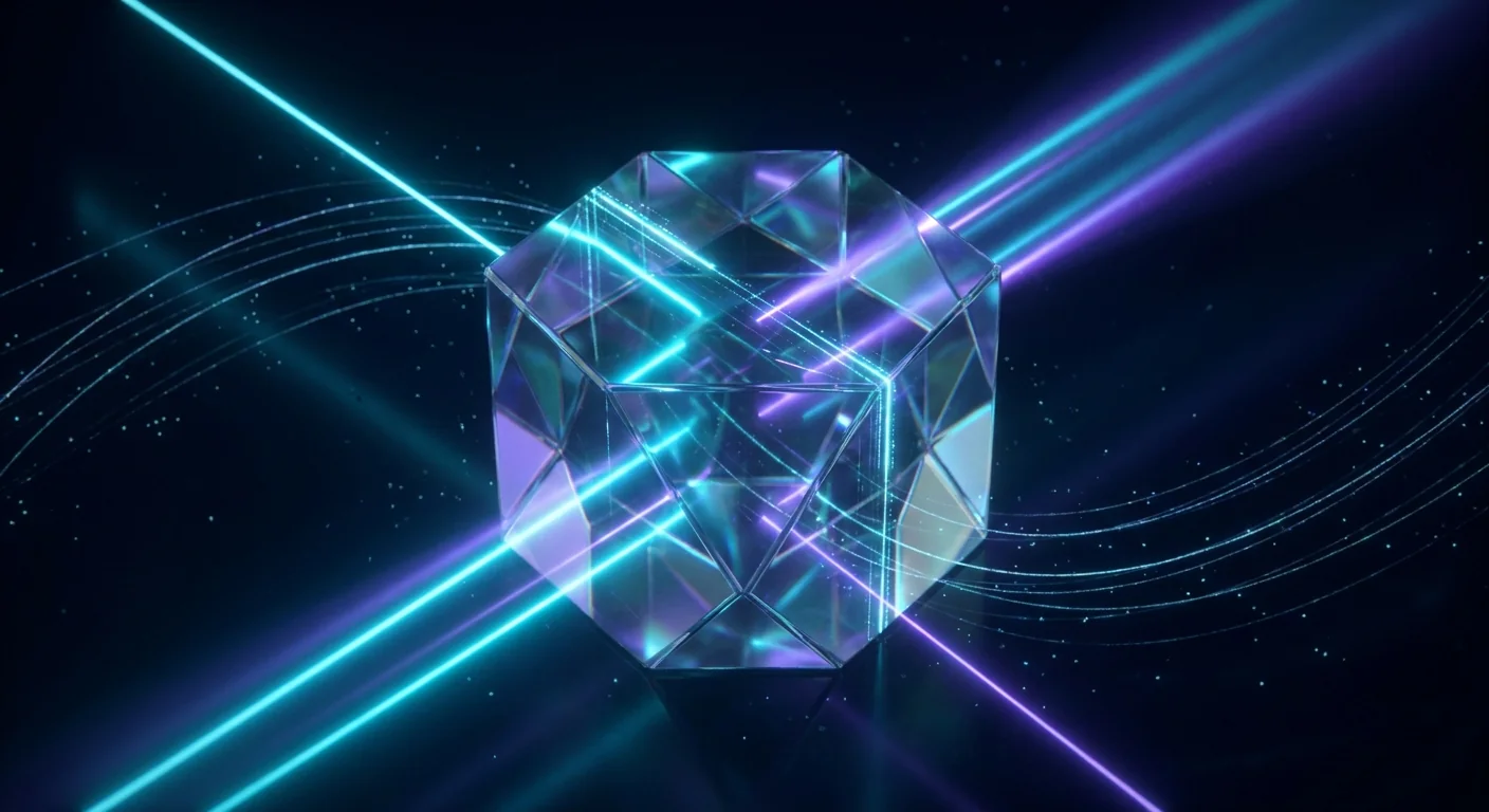 Faceted glass prism with cyan and violet neon beams on a deep navy background
