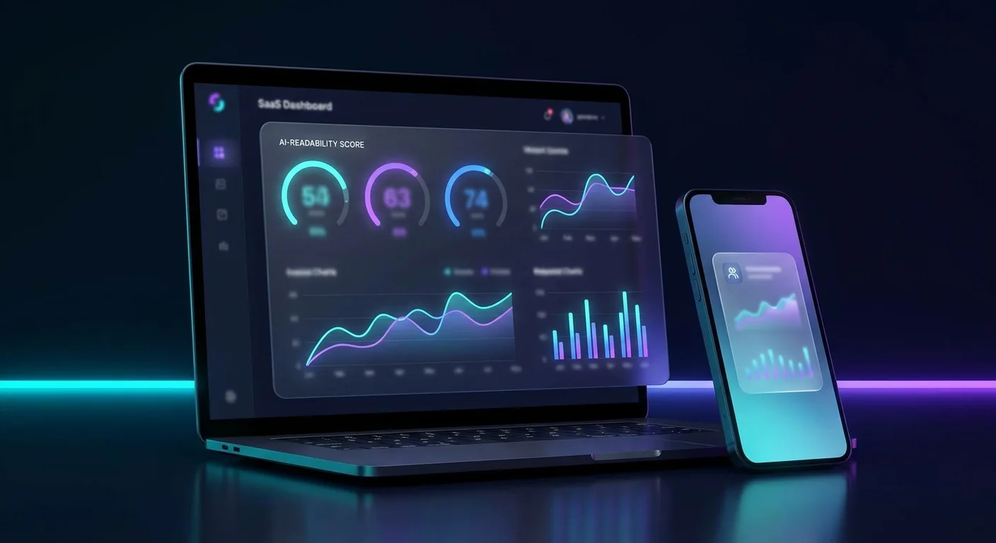Dark-glass Crawlglass dashboard mockup on a laptop and phone showing AI-readability score gauges and charts