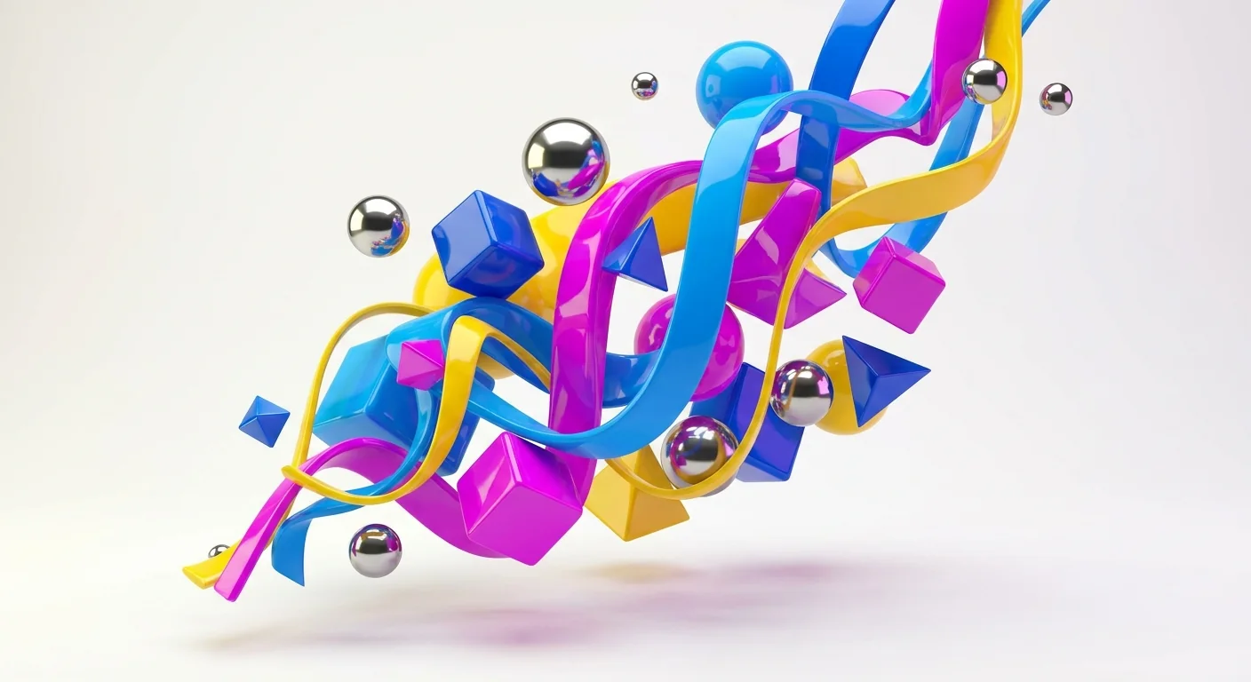 Glossy electric blue, hot magenta and sunny yellow 3D shapes representing Aeolens AI visibility analysis.