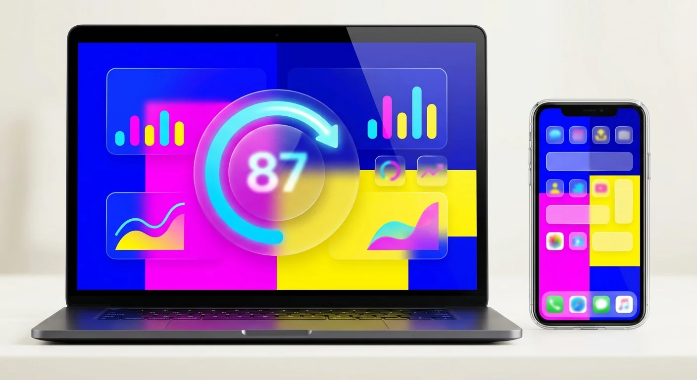 Laptop and smartphone showing a vivid Aeolens analytics dashboard with an AI-readability score gauge of 87.